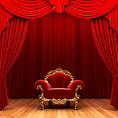 Image showing Red velvet curtain and chair