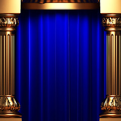 Image showing blue velvet curtains behind the gold columns