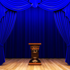 Image showing blue velvet curtain and Pedestal