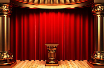 Image showing red velvet curtains, gold columns and Pedestal