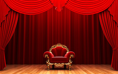 Image showing Red velvet curtain and chair