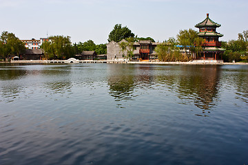 Image showing Chinese tower and lake