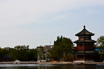 Image showing Chinese tower and lake