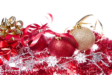 Image showing christmas balls with ribbon and tinsel