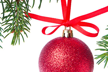 Image showing red christmas ball hanging from tree