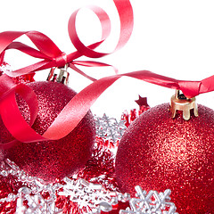 Image showing christmas balls with ribbon and tinsel