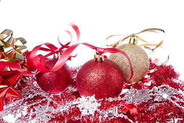 Image showing christmas balls with ribbon and tinsel