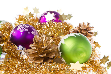 Image showing christmas balls with tinsel