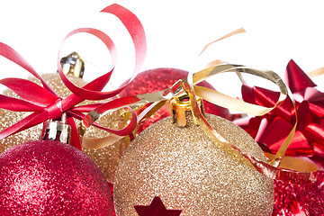 Image showing christmas balls with ribbon and tinsel