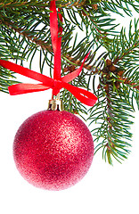 Image showing red christmas ball hanging from tree