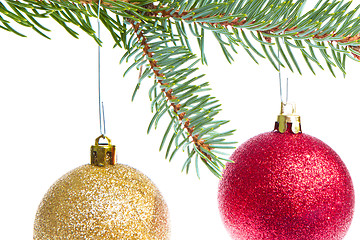 Image showing red christmas ball hanging from tree