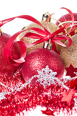 Image showing christmas balls with ribbon and tinsel