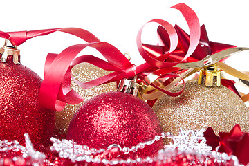 Image showing christmas balls with ribbon and tinsel