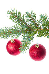 Image showing red christmas ball hanging from tree