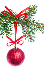 Image showing red christmas ball hanging from tree