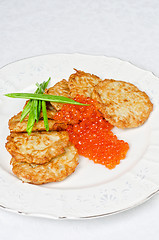 Image showing pancakes with red caviar