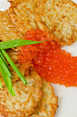 Image showing pancakes with red caviar