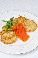 Image showing pancakes with red caviar