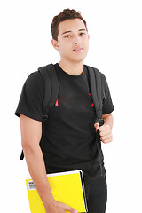 Image showing attractive boy student standing with school backpack a over whit