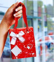 Image showing A Gift Wrapped Bag Being Held Up