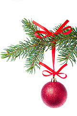 Image showing red christmas ball hanging from tree