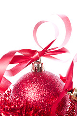 Image showing christmas balls with ribbon and tinsel