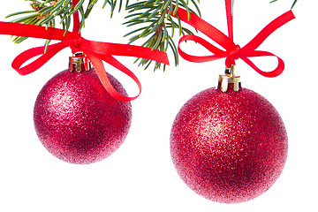 Image showing red christmas ball hanging from tree