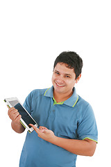 Image showing Man with a tablet computer against a white background 