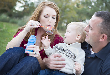 Image showing Young Parents Blowing Bubbles with their Child Boy in Park