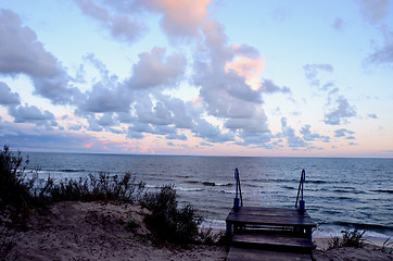 Image showing Stairs in dunes and sea view. Natural sea and sky.