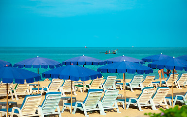 Image showing Sandy Beach with Loungers and Umbrellas