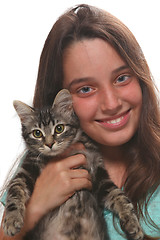Image showing Child Holding a Kitten on White