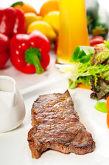 Image showing juicy BBQ grilled rib eye ,ribeye steak and vegetables