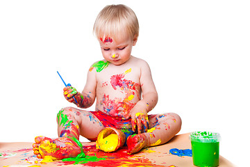 Image showing baby boy gouache painting on isolated white