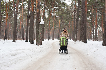 Image showing Young mother with baby carriage in winter forest