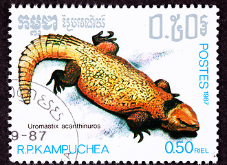 Image showing Cambodian Postage Stamp Yellow Bell's Dabb Spiny-Tailed Lizard U