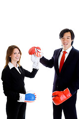 Image showing Caucasian Woman Asian Man Raising Fists Boxing Gloves American F