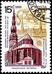 Image showing Soviet Russia Postage Stamp St. Peter's Church, Riga, Latvia