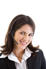 Image showing Happy Smiling Woman Suit Headset Isolated White 