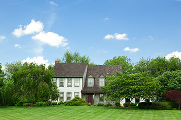 Image showing Suburban Single Family House Home Lawn Trees Tudor