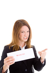 Image showing Angry Caucasian Woman Holding Sign Grimacing and Pointing White 