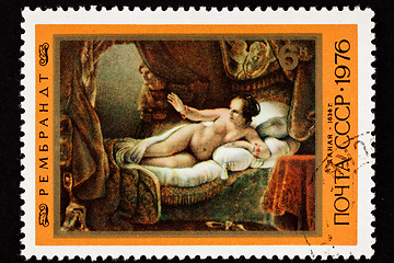 Image showing Soviet Russia Postage Stamp Rembrandt Painting, DanaÃ«, Woman Be