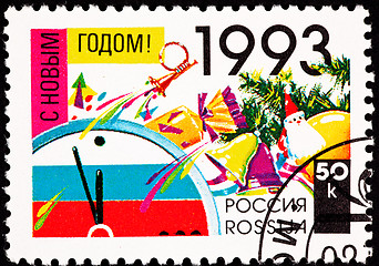 Image showing Russian Postage Stamp Celebrating New Years 1993 Clock, Candy