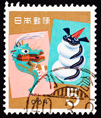 Image showing Canceled Japanese Postage Stamp New Years 1964 Dragon Snowman