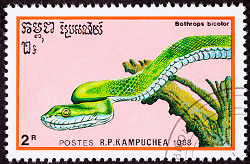 Image showing Canceled Cambodian Postage Stamp Green Snake Guatemalan Palm-Pit