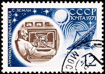 Image showing Soviet Stamp Lunokhod Flight Control Man, Television, Satellite