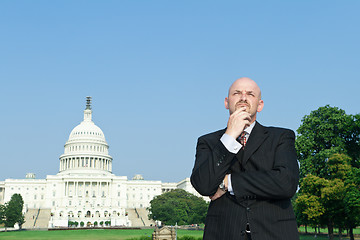 Image showing Thoughtful Caucasian Man Suit Standing US Capitol