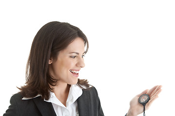 Image showing Happy Caucasian Woman Looking at Compass Isolated White Backgrou