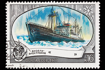 Image showing Canceled Soviet Russia Postage Stamp Icebreaker Ship Lena, Arcti