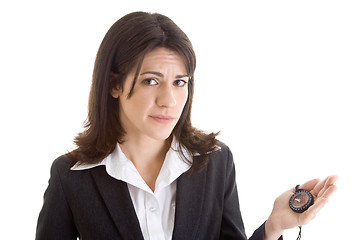 Image showing Worried Caucasian Woman Holding Compass Looking At Camera White 